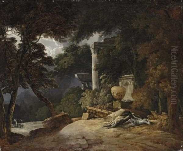 A Stormy Classical Landscape, With Lightening Striking An Urn, A Man And Woman Lying Dead In The Foreground by James Forrester