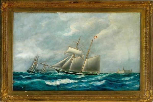 Ship Portrait Of A Danish Brigantine Saling Along The Coast Of Elsinore Castle by Peder Nielsen Foss