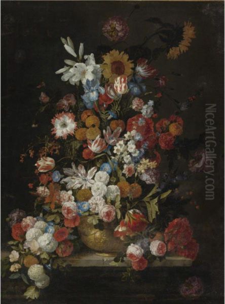 Still Life Of Roses, Tulips, Morning Glories, Irises, Carnations, Lilies, Snowballs, A Sunflower And Other Flowers, In A Sculpted Vase Resting On A Ledge by Hieronymus Galle I