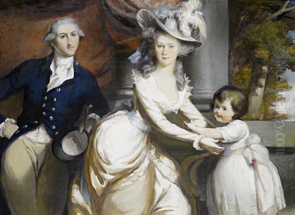 Portrait Of A Gentleman, His Wife And Theirdaughter, Believed To Be The Biddle Family, Standing By Columnsbefore A Landscape by Daniel Gardner