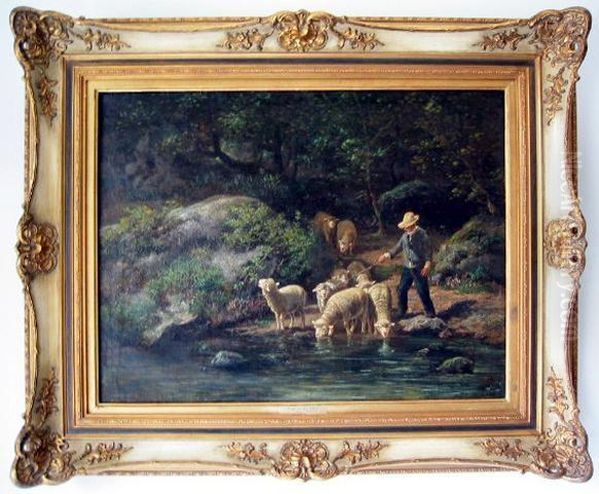 Hirte Mit Schafen Am Fluss by Friedrich Otto Gebler