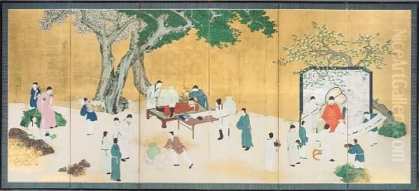 Large Six Panel Screen, Ink, Color, And Gold On Paper; Depicting Scholars In A Garden Setting, With, At Right, A Calligrapher Practicing As Scholars And Attendants Look On, At Center, A Scholar Who Reclines, Eyes Closed, Before A Writing Table, With Three by Nishimura Goun