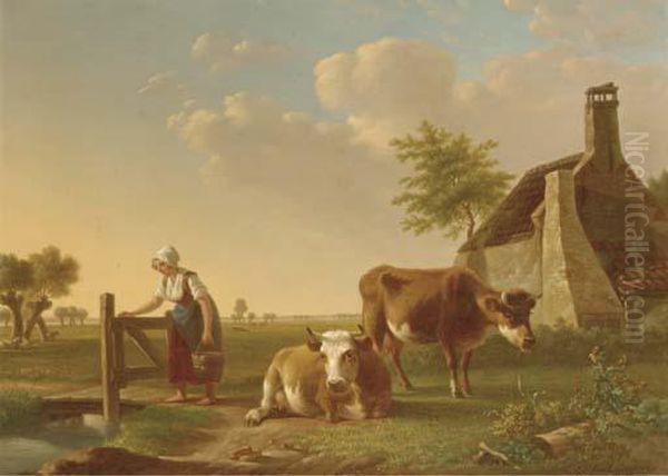 A Milkmaid And Her Cows In A Farmyard by Gillis Smak Gregoor