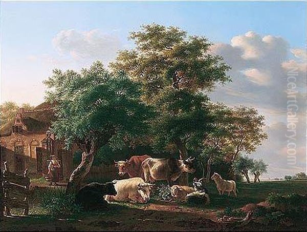 A Pastoral Landscape With A Milkmaid And Livestock Outside A Farm House by Gillis Smak Gregoor