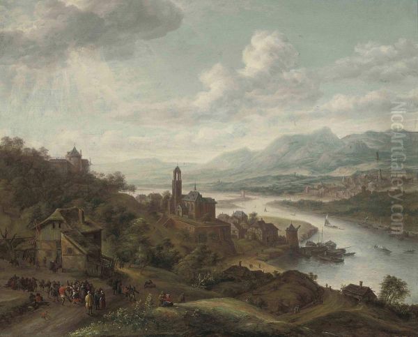 A Rhenish River Landscape With Peasants Dancing Before An Inn, Avillage With A Church And Shipping Beyond by Robert Griffier