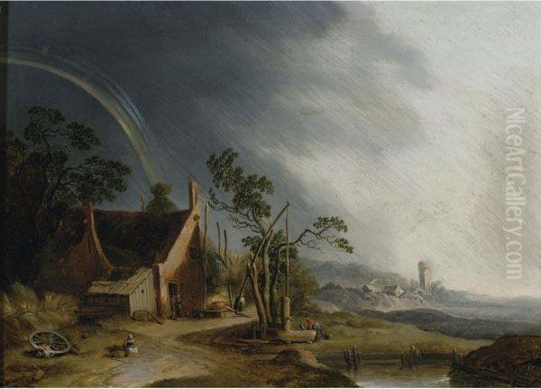 Landscape With A Cottage And A Rainbow Oil Painting - Basilius Grundmann