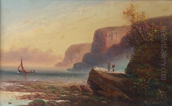 Coastal View Withboat And Figures Before Cliffs by George Harris