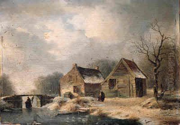 A Wooded Winter Landscape With Peasants Walking Along A Frozenwaterway By A Cottage by Hendrik Manfred Haus