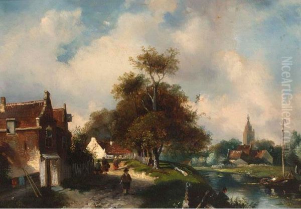 Figures In A Town Along A Canal by Georgius Heerebaart