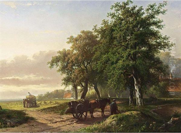 Haycarts Near The Fields by Georgius Heerebaart