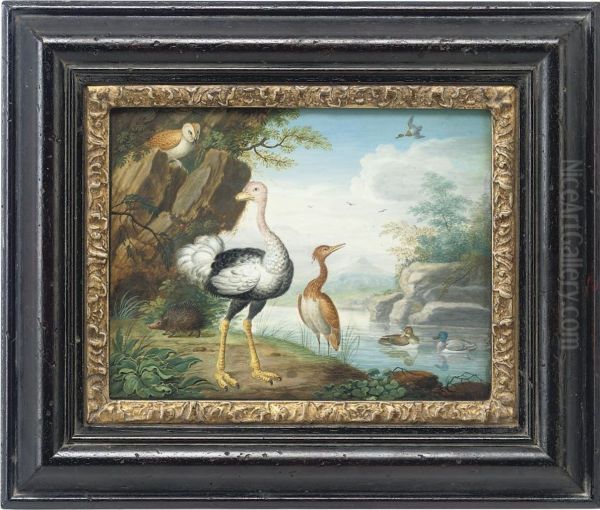 Exotic Birds And An Owl On The Banks Of A River by J.F. Hefele