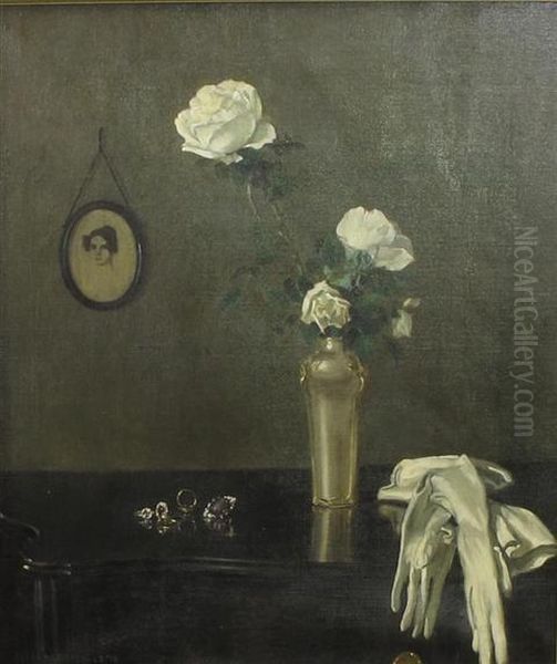 Still Life Of Roses And Gloves by Oscar Hermann-Lamb