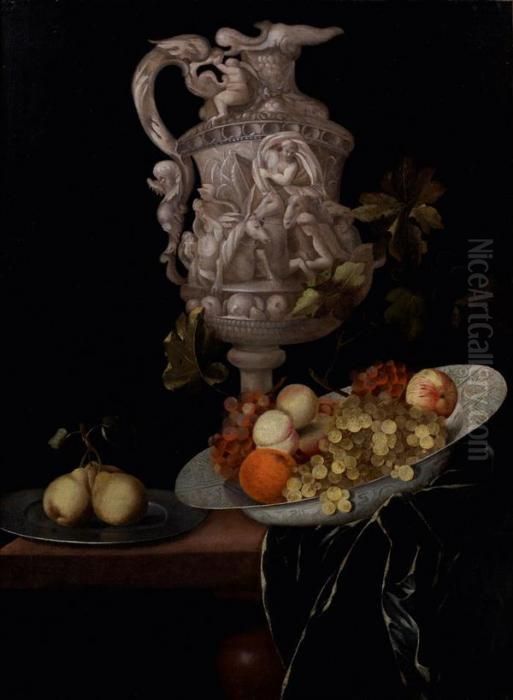 Nature Morte Au Vase Sculpte Et Plats De Fruits Sur Une Table Oil Painting - Johann Georg (also Hintz, Hainz, Heintz) Hinz