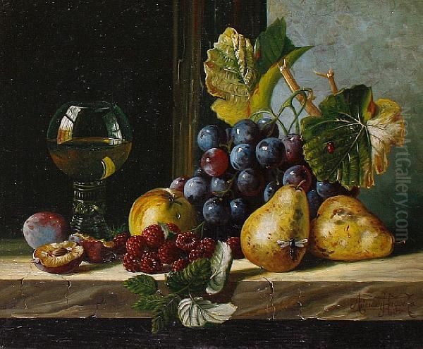 Still Life Of Fruit And Wine On A Ledge by Adriaen Huygens