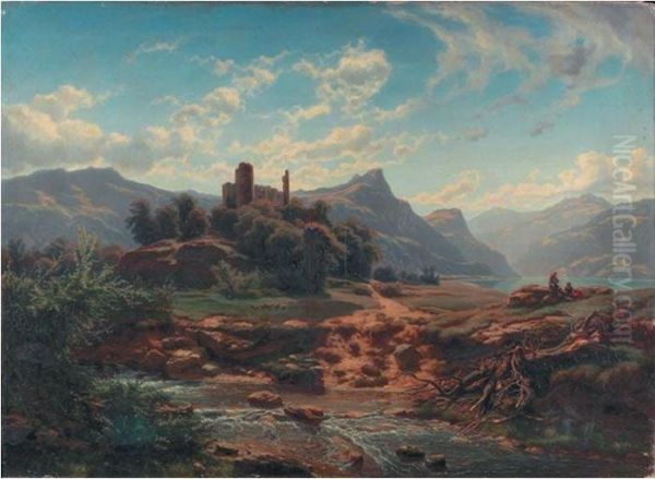 Chateau En Ruines Pres D'un Torrent Et D'un Lac by Pierre Alexandre Jeanniot