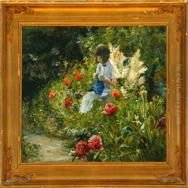 A Girlwith Her Knitting In A Rose Garden by Anne Marie Jespersen