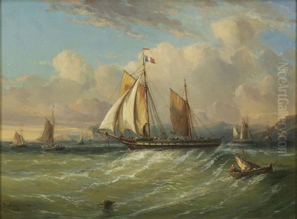 French Naval Frigate Off The Normandy Coast. by Jean Marie Auguste Jugelet