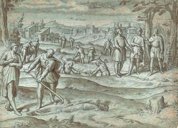 Figures Unearthing A Corpse, With Other Figures In The Background,a City Beyond by Pedro de Campana