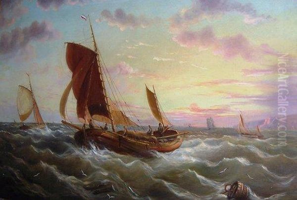 Fishing Boats In A Choppy Sea by William Calcott Knell