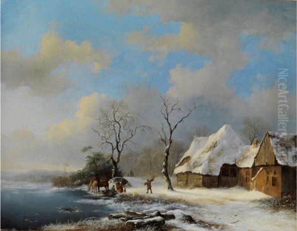 Winterlandschaft Mit Verrschneiten Katen, Kahlen Baumen Und Reisigsammlern An Vereistem Ufer by Frederik Marianus Kruseman