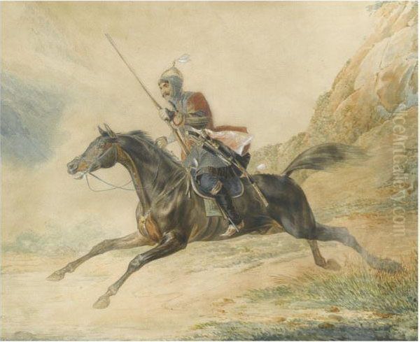 Charging Horseman Of The Mountain Caucasian Semi-squadron by Adolphe Ladurner