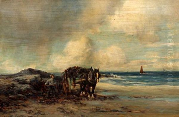 Coastal Scene With Horse, Cart And Figure On The Shore by Tomson Laing