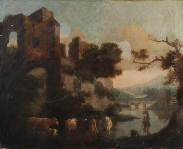 A Drover With Cattle By Ruins by George Lambert