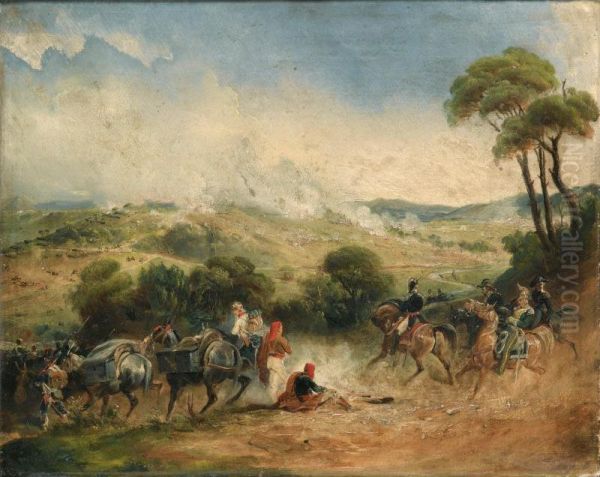 Scene De Bataille [ ; A Cavarly Skirmish ; Oil On Canvas Signed Lower Right C Langlois] by Jean-Charles, Langlois Col.