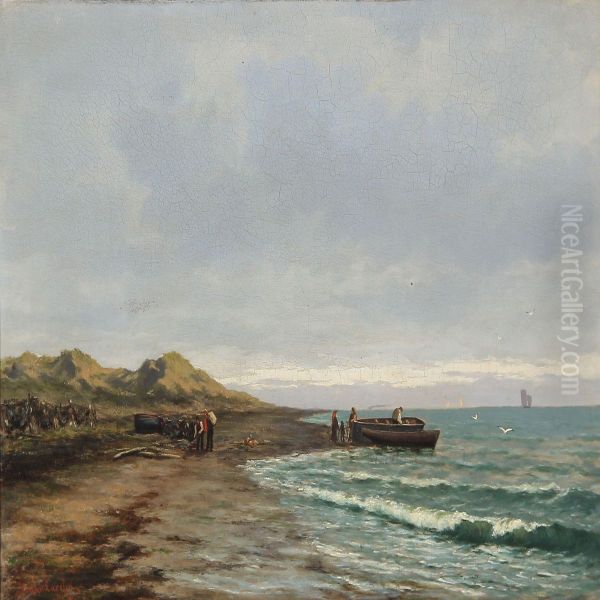 Coastal View With Boats And People On The Beach by Johann Larssen