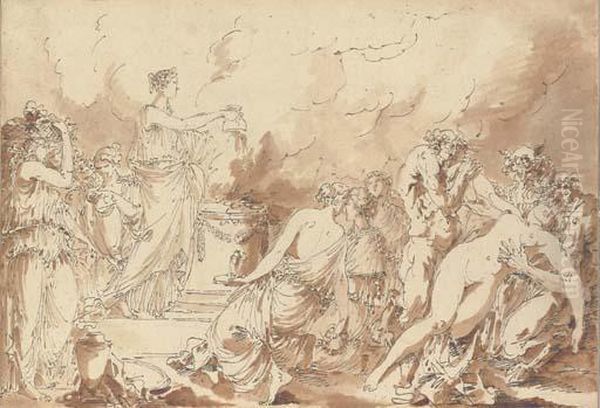 A Vestal Virgin Pouring Oil On An Altar, With Satyrs Surrounding Anude Woman In The Foreground by Elisabeth Vigee-Lebrun