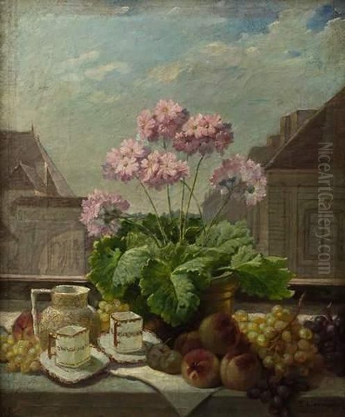 Nature Morte Au Bouquet De Fleurs Roses Et Service A The by E. Lecoumbe