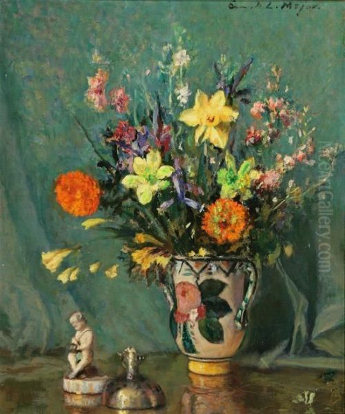 Still Life Of Avase Of Flowers And Figurine On A Table by Ernest Lee