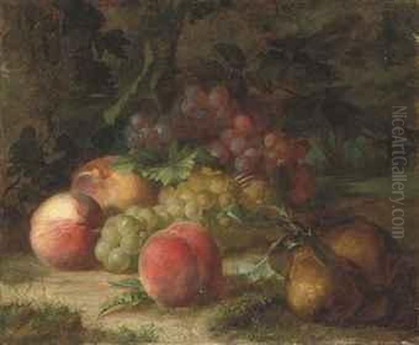 Peaches, Pears And Grapes On A Mossy Bank by Jean Etienne Joanny Maisiat