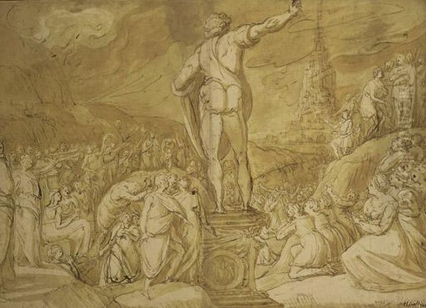 An Assembly Of Figures By A Statue, The Tower Of Babel Seen Beyond by Master Of The Egmont Albums