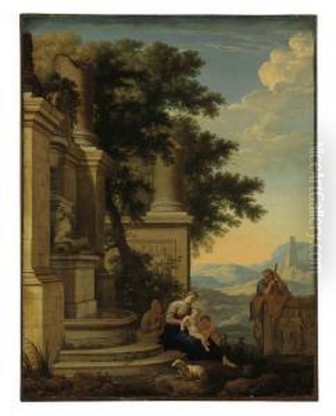 An Extensive Landscape With The Holy Family, Saint Anne And John The Baptist By Classical Ruins by Henri Mauperche