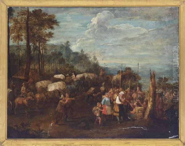 Peasants And Soldiers On A Wooded Track by Theobald Michau