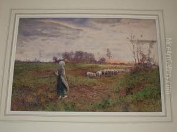 Shepherdess And Flock In A Meadow by Hutton Mitchell