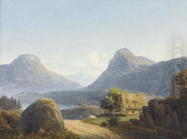 Sonnige Gebirgspartie Mit Hutte by Gustav Adolph Mordt