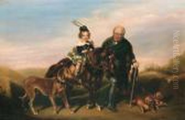 A Scottish Girl On A Shetland Pony Accompanied By Her Dogs And Anelderly Gentleman by Andrew Morton