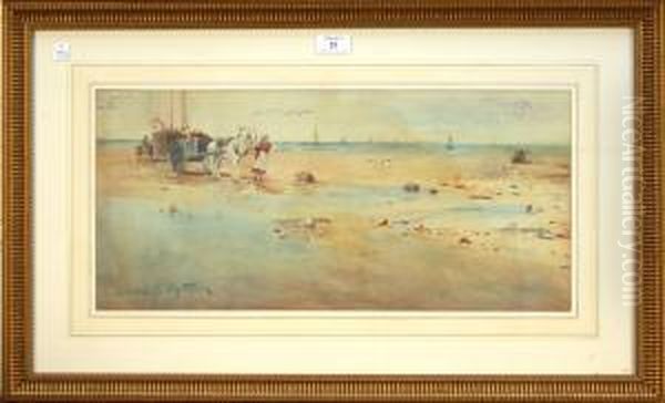 Coastal Landscape With Figures And Carts Unloading The Catch From A Beached Boat by Charles Mottram