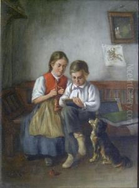 Girl And Boy With Dog by Ernst Emmanuel Muller