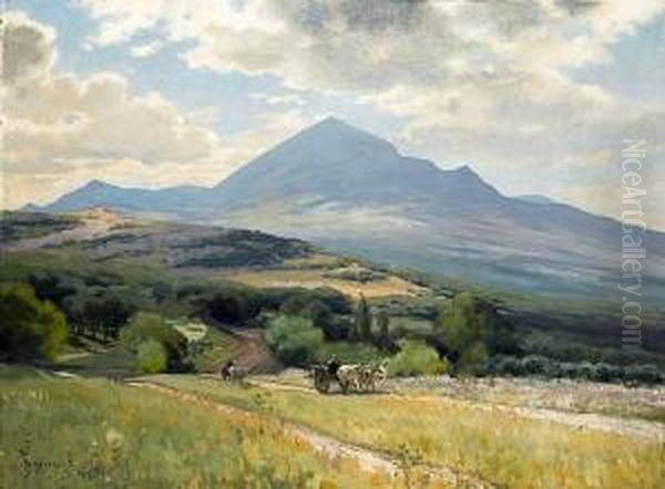 Oxen Pulling Carts Through A Crimean Landscape by Wassilij Ivanowitch Nawasoff