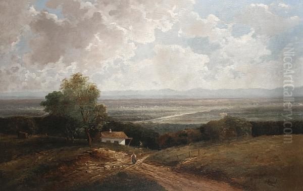 A Figure On A Country Lane With An Extensive Landscape Beyond by Heinrich Neppel