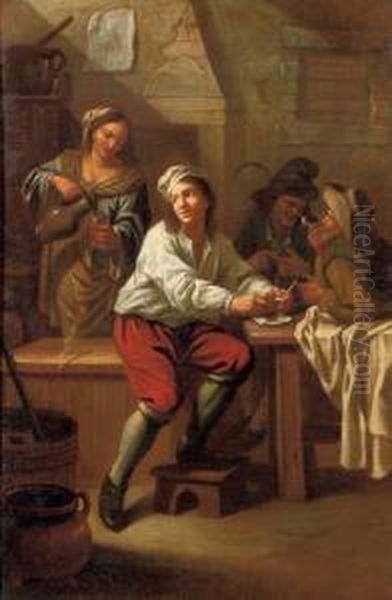 Peasants Drinking And Smoking In An Interior by Jan Baptist Nollekens