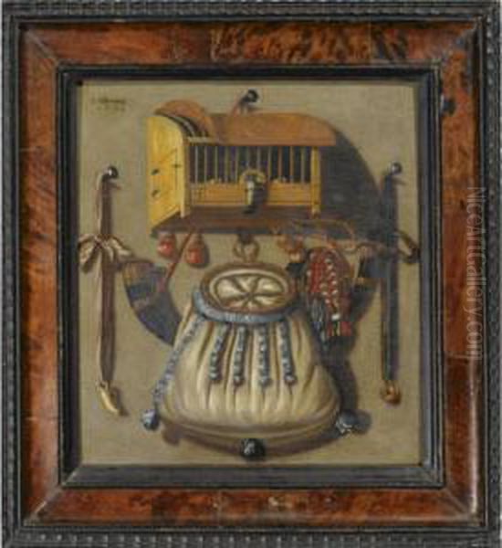 A Hunting Still Life Of A Bird Cage, A Whistle, Horn And A Game Bag, All Hanging From Nails On A Wall by Johannes Offermans