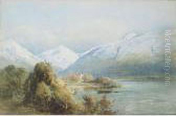 Scottish Loch With Castle In Winter by Frederick Dove Ogilvie