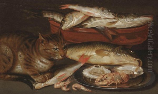 A Cat Sitting By A Bowl Of Fish by Clara Peeters