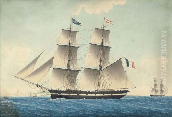 The French Brig 
L'adela Under Full Sail In The Mediterranean Off Marseilles by Joseph Honore Maxime Pellegrin