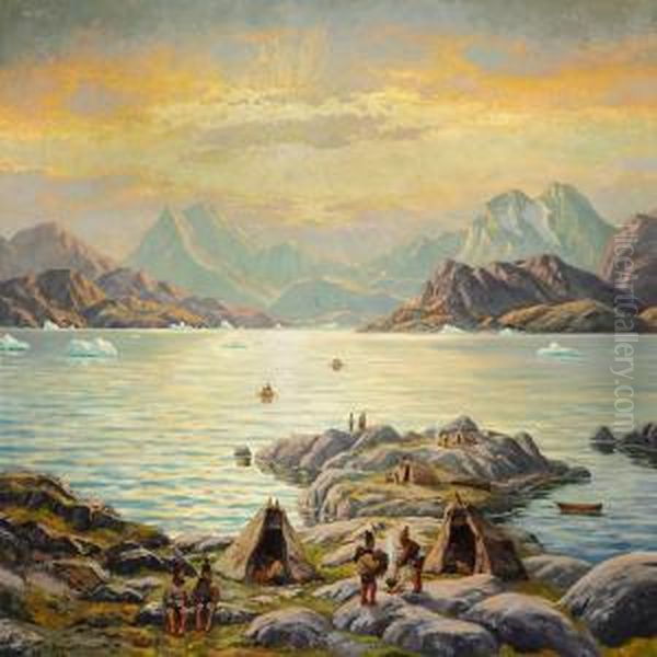 Summer Day In Greenland With Women Preparing Food Over Open Fire Near The Bay by Emanuel A. Petersen