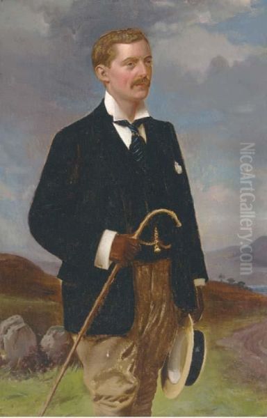 Portrait Of A Gentleman, Small Three-quarter-length, In A Blackjacket, Holding A Cane And Straw Boater, In A Mountainouslandscape by George Phoenix